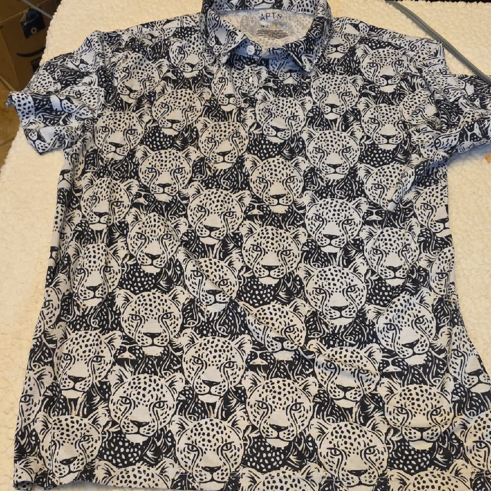 Apt. 9 Black & White Leopard Face Print Short Sleeve Polo